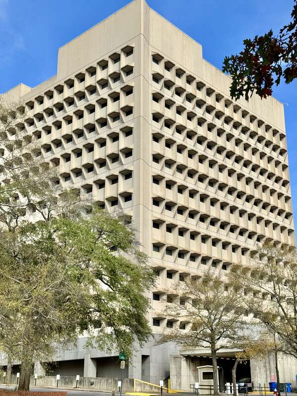 Built in 1975-1979, this Brutalist building was designed by Marcel Breuer to serve as a United States Courthouse and Federal office building for the city of Columbia, South Carolina.  The building served as a federal courthouse until 2003, when the