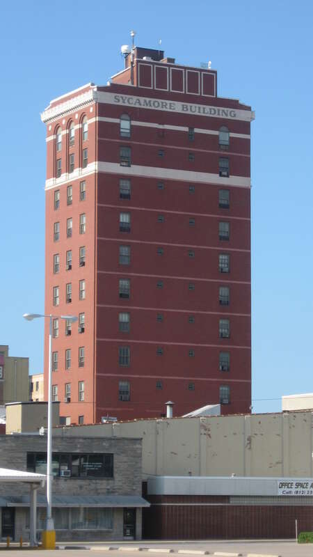 Western and southern sides of the Sycamore Building, located at 23-27 S. Sixth Street in Terre Haute, Indiana, United States.  Built in 1882, it is listed on the National Register of Historic Places.