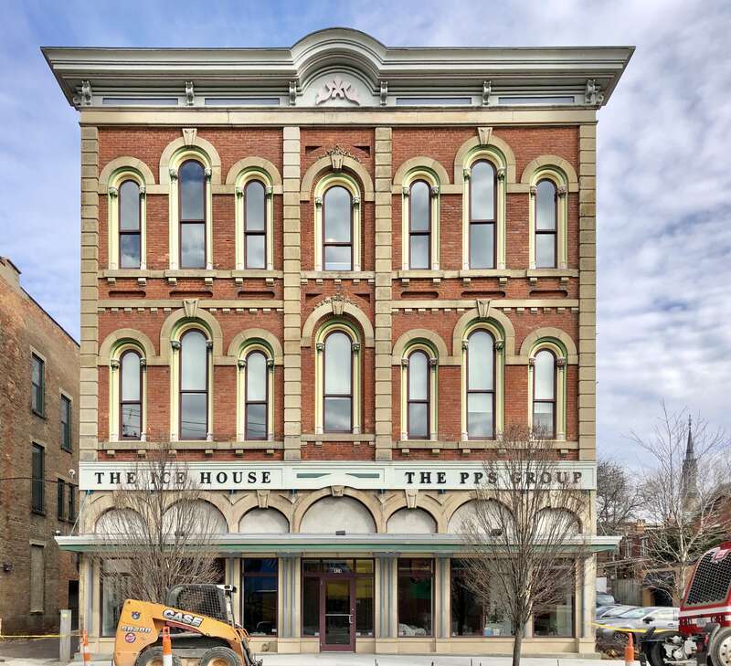 Built in 1866 on Scott Boulevard in Downtown Covington, Kentucky, this building replaced a previous building that burned two years earlier.  The Italianate-style building was built for the Caldwell Fruit Storage Company, and was enlarged in 1882.