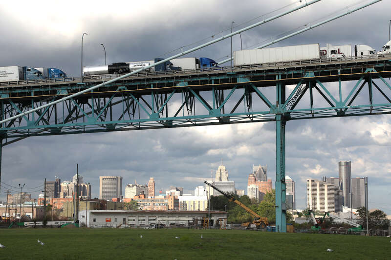 Ambassador Bridge truck cargo traffic and Detroit skyline in the background. The Ambassador Bridge connects Detroit, Mich. and Windsor, On, and is the busiest international crossing in North America. August 26, 2022
Photo by Charles Csavossy