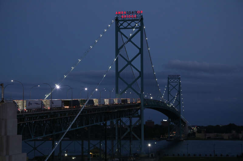 The Ambassador Bridge at dusk. The Ambassador Bridge connects Detroit, Mich. and Windsor, On, and is the busiest international crossing in North America. August 26, 2022
Photo by Charles Csavossy