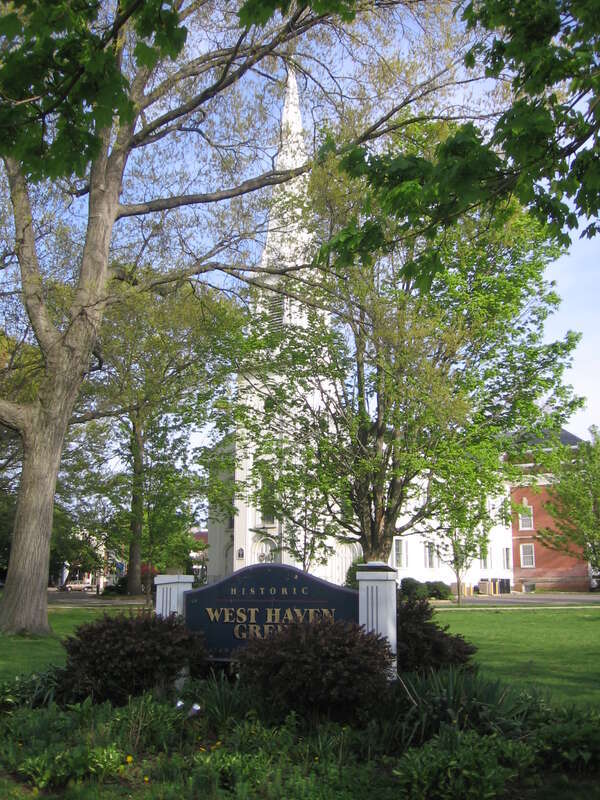 The West Haven Green with the Congregational church.  View is looking south-southeast from Main Street.
