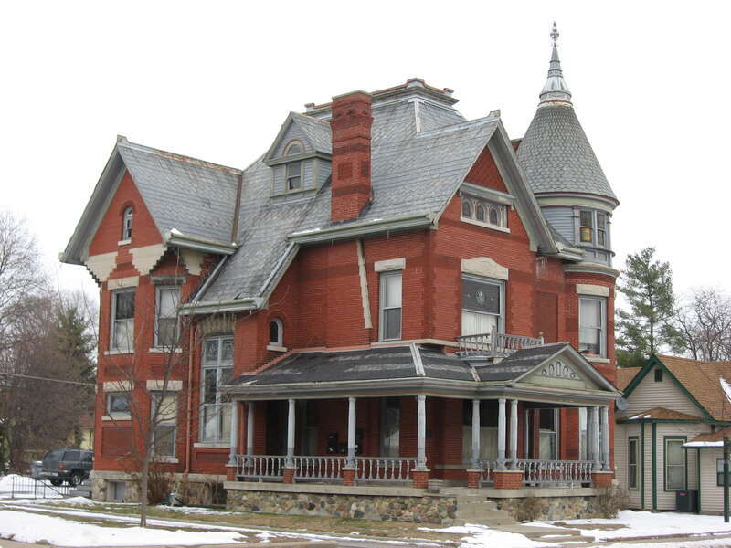Front and western side of the William Houston Craig House, located at 1250 E. Conner Street in Noblesville, Indiana, United States.  Built in 1893, it is listed on the National Register of Historic Places, and it is part of a Register-listed historic