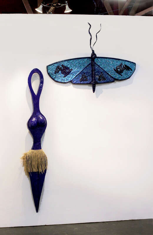 Works by Ithaka Darin Pappas at the exhibit &quot;Surf Skate Roots Rock&quot; in Los Angeles, July 2023. Photo: Ithaka Darin Pappas. Sculptures in the photograph on the left &quot;Sophula&quot; (from the series Tree Girls, Flower Sisters &amp;amp; Mother Nature) and