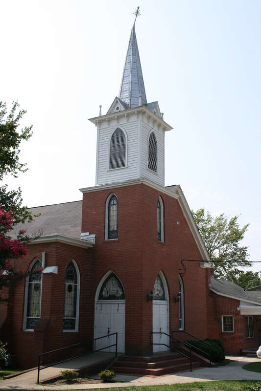 St Paul African Methodist Episcopal (AME) Church with a bent spire in Chapel Hill, North Carolina.