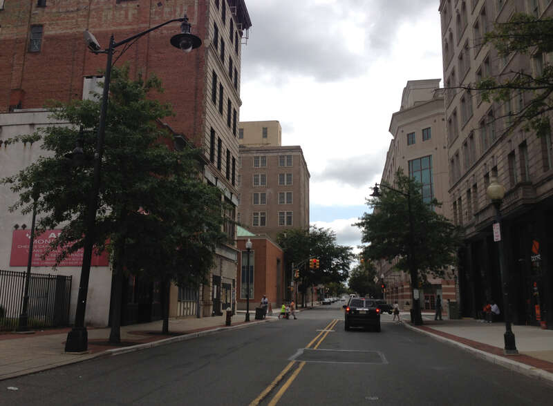 View east along East State Street near Montgomery Street in Trenton, New Jersey