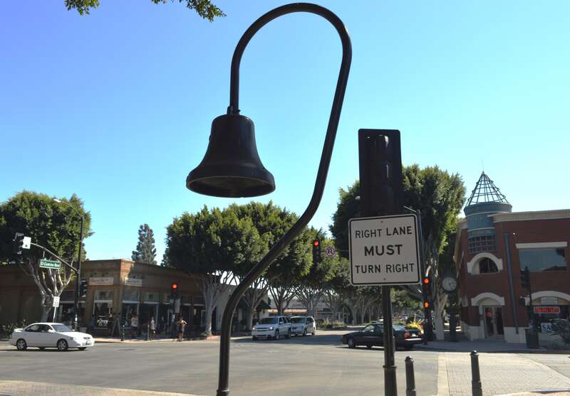 El Camino Real bell on the northwest corner of Main Street and El Camino Real in Tustin, California.