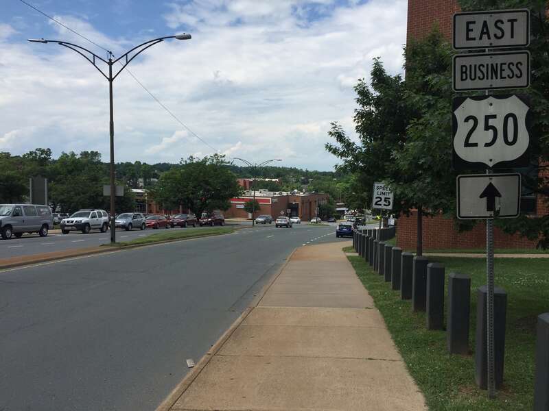 View east along U.S. Route 250 Business (Ridge McIntire Road) just north of Main Street in Charlottesville, Virginia