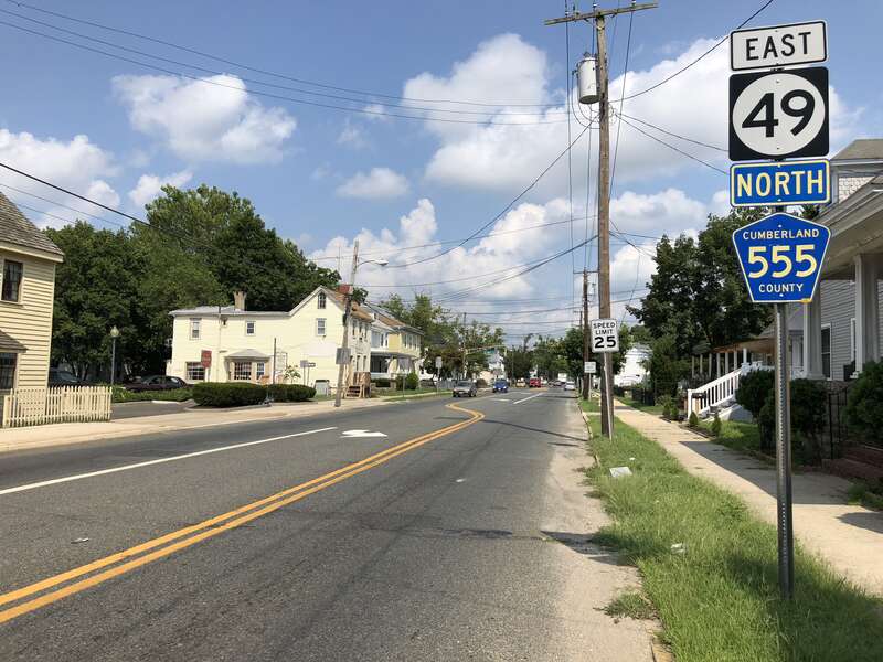 View east along New Jersey State Route 49 and north along Cumberland County Route 555 (Main Street) just east of New Jersey State Route 47 (Second Street) in Millville, Cumberland County, New Jersey