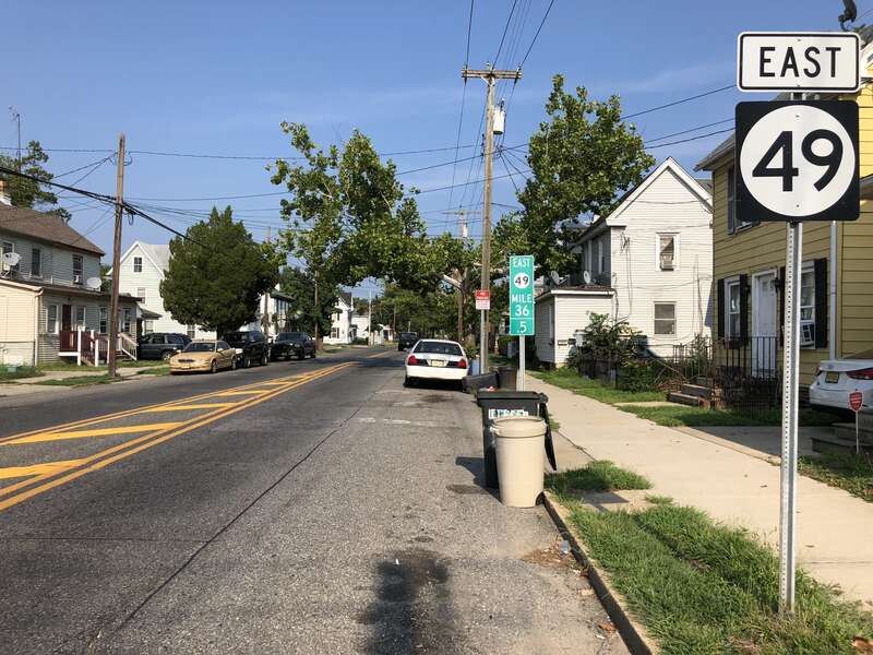 View east along New Jersey State Route 49 (Main Street) just east of Cumberland County Route 555 (Third Street) in Millville, Cumberland County, New Jersey
