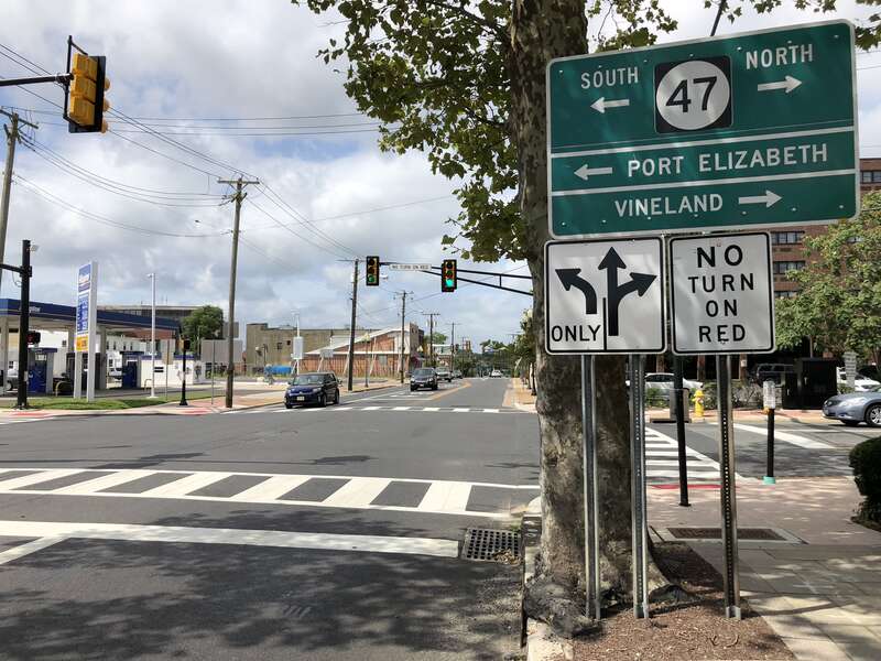 View west along New Jersey State Route 49 and south along Cumberland County Route 555 (Main Street) at New Jersey State Route 47 (Second Street) in Millville, Cumberland County, New Jersey