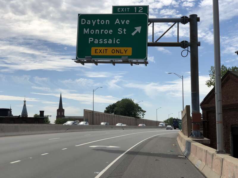View south along New Jersey State Route 21 (McCarter Highway) at Exit 12 (Dayton Avenue, Monroe Street, Passaic) in Passaic, Passaic County, New Jersey