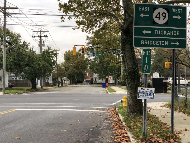 View south along Cumberland County Route 555 (Third Street) at New Jersey State Route 49 (Main Street) in Millville, Cumberland County, New Jersey