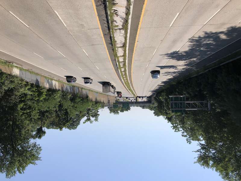 View south along New Jersey State Route 21 (McCarter Highway) from the overpass for Gregory Avenue in Passaic, Passaic County, New Jersey