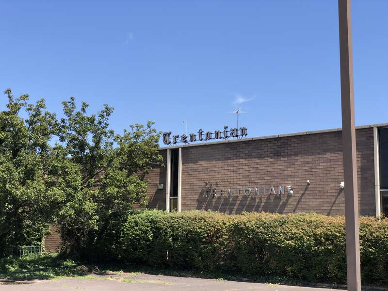Signs on the front of the former headquarters of the Trentonian (now occupied by Summit Gypsum Supply) along Southard Street in Trenton, Mercer County, New Jersey