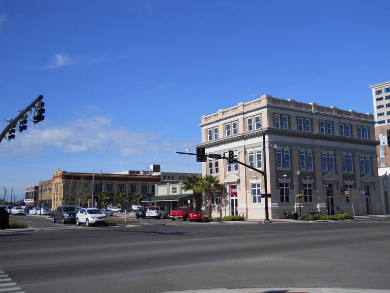 Northwest view of Gulfport Harbor Square Commercial Historic District taken from the intersection of 25th Avenue and 13th Street, Gulfport, Mississippi, USA.
