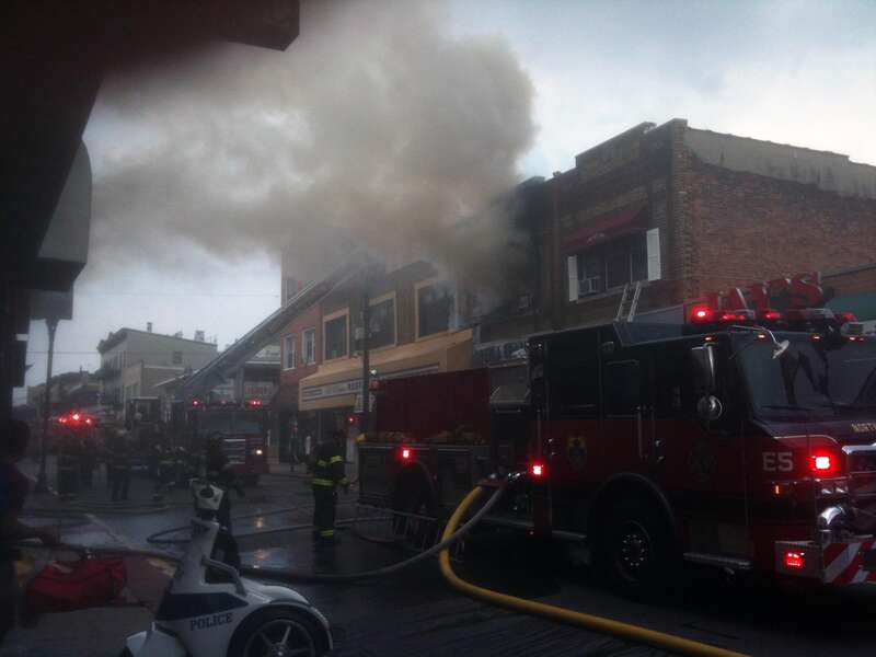 A fire at 4114 Bergenline Avenue in Union City, New Jersey on August 15, 2012. The fire started a short time before 12:45pm, when police officers first arrived on the scene, which was when I was passing by in a commuter van, and first saw what was
