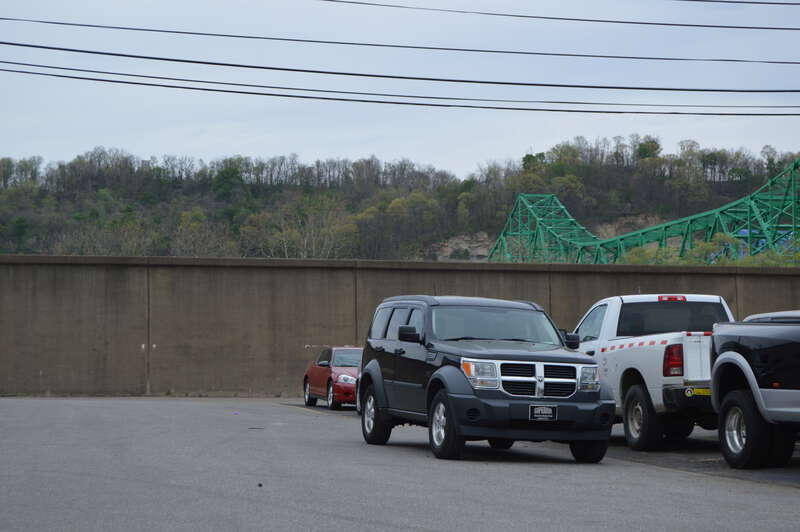 Part of the lot at an automobile dealership at the northern end of Eleventh Street in Ashland, Kentucky, United States.  This is the site of the Ashland Coal and Iron Railroad Office, which was listed on the National Register of Historic Places in
