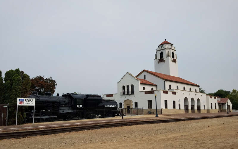A view of Boise Depot and &quot;Big Mike,&quot; an MK-9 Heavy class, type 2-8-2 Mikado built in 1920 by the American Locomotive Company.