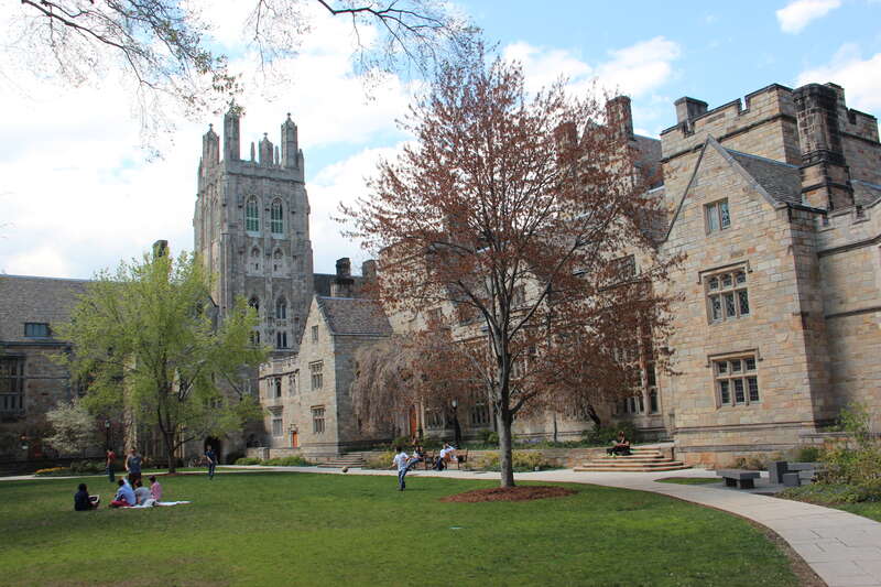 Branford Court towards the west, including Wrexham tower and the Saybrook dining hall (at right), at Yale University, New Haven, CT