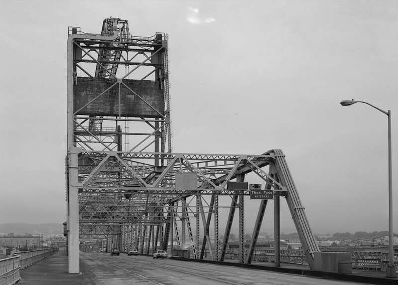 B&amp;amp;W image of the bridge over the Thea Foss Waterway,Tacoma, looking east, made after 1968?? Original filename: 370523pv.jpg