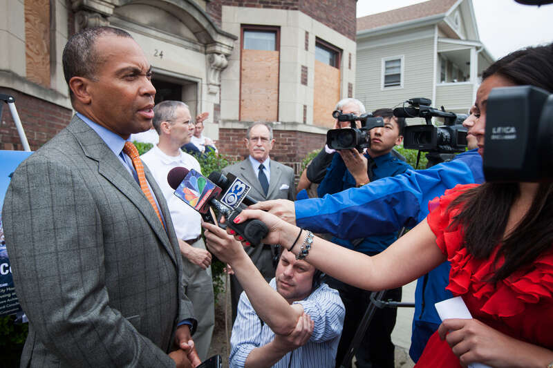 Friday, May 25, 2012 - Governor Deval Patrick talks to the media after observing the damage at the Center City Apartments in Springfield from the June 1, 2011 tornadoes. (Photo: Eric Haynes / Governor's Office)