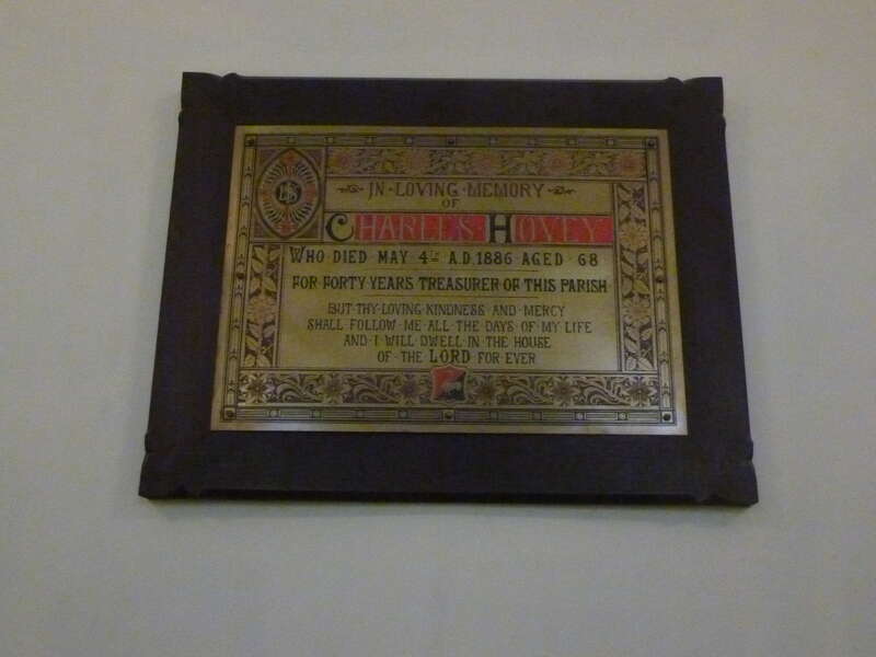 A memorial plaque for Charles Hovey, in the east interior wall of Saint Anne's Episcopal Church.  Located at 8 Kirk Street, Lowell, Massachusetts.