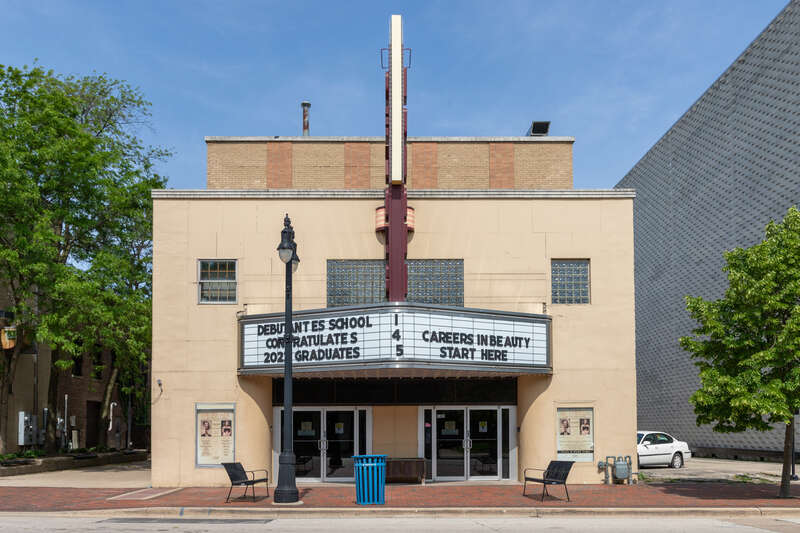 DeKalb Theater, 145 N. 3rd Street, DeKalb, Illinois. Inaugurated March 16, 1949, and operated as a theater until 1991. Architect: Axel J. Claesson of Chicago (1903-1970).