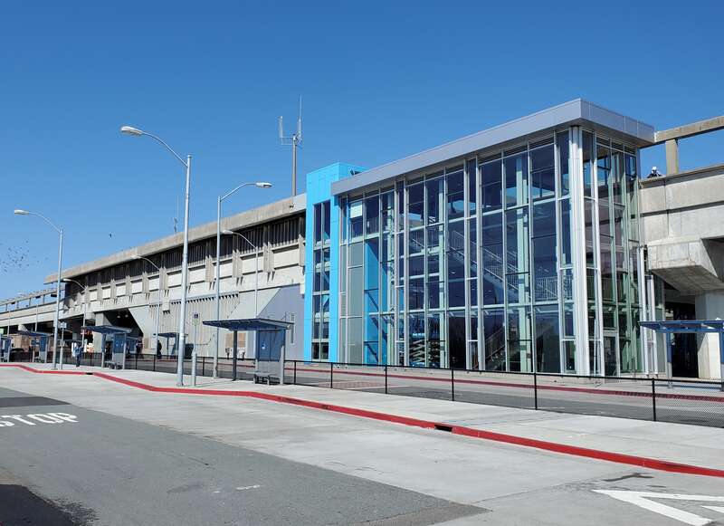 El Cerrito del Norte station with newly-completed elevators and expanded lobby in March 2021