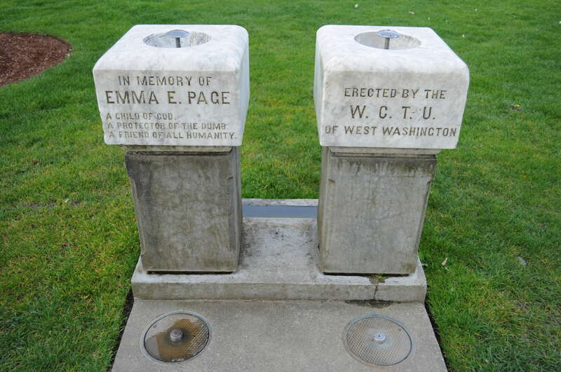 Emma Page fountains, Sylvester Park, Olympia, Washington. Page, who was blind, was a WCTU lecturer, and also concerned with animal welfare. The park is listed on the National Register of Historic Places.