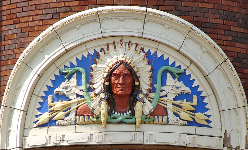 Lunette at main corner of the Fort Armstrong Theatre on the NRHP since May 23, 1980. At 1826 3rd Ave., Rock Island, Illinois.	Art Deco movie palace that opened in 1920.