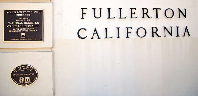 Plaque on the building of the Post Office in Fullerton, CA