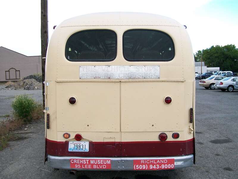 A GM bus at the CREHST(Columbia River Exhibition of History, Science &amp;amp; Technology) Museum in Richland, Washington. The faded text reads &quot;THIS VEHICLE STOPS AT ALL R.R. CROSSINGS&quot;.
