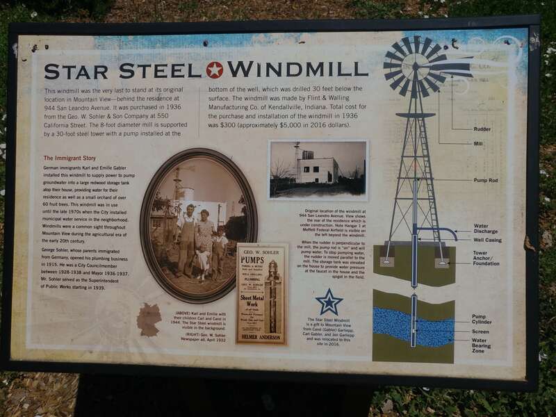 A panel describing the history of an historic windmill purchased in 1936 for installation at a well within Mountain View, California.