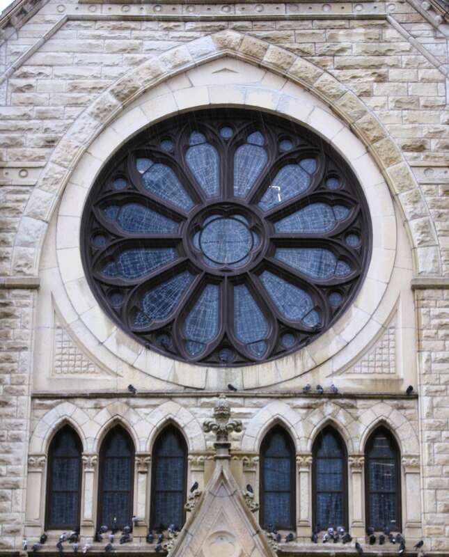 The rose window on the main facade of Holy Name Cathedral in Chicago, Illinois.