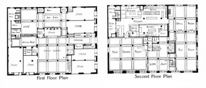 First and second floor plans, Hotel Savannah, 7 East Congress Street (at Bull Street), Savannah, Georgia. Opened in 1913 with 1921 addition. Later known as Hotel Manger, Manger Building, and First City Club of Savannah.