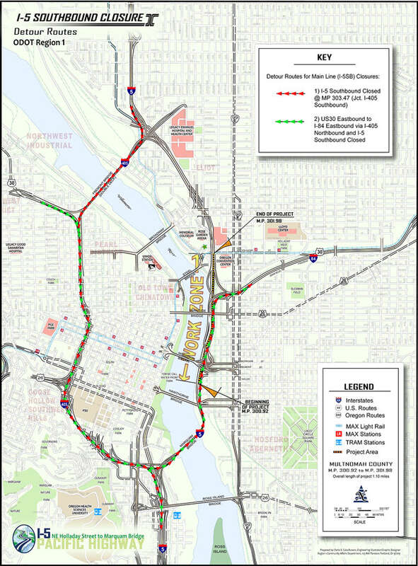 I-5/Portland, OR: Full weekend closures for repaving: 11p Fri 7/13 to 5a Mon 7/16 between Fremont Bridge and Marquam Bridge