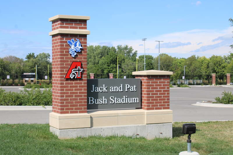 Jack and Pat Bush Stadium at Assumption High School in Davenport, Iowa. As of 2022, the stadium is not fully completed. While Assumption uses it for home football games, St. Ambrose University does not. They will begin using it once permanent