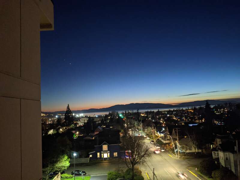 Jupiter and Saturn. Closest approach, in our skies since Middle Ages, will be on December 21. 
Who knows, it might be cloudy that day, but even this far out from the 21st, it's notable. December 5.

I also realized, looking at this picture later, red