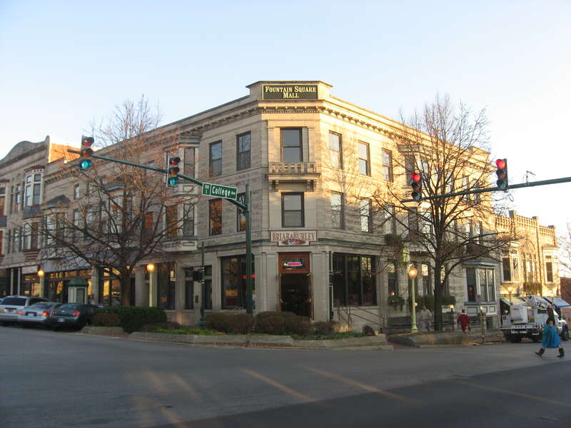 Front of the Old First National Bank Building, located at 121-125 W. Kirkwood Avenue in downtown Bloomington, Indiana, United States.  Built in 1907, it is part of the Courthouse Square Historic District, a historic district that is listed on the