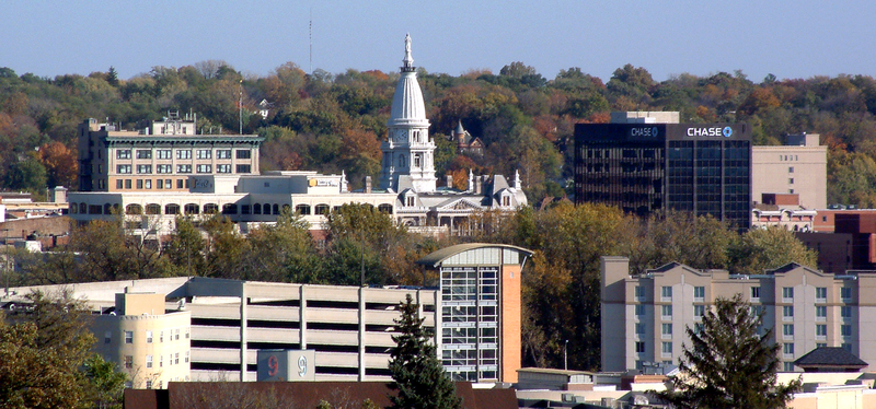 Looking east toward downtown Lafayette from West Lafayette in Tippecanoe County, Indiana.