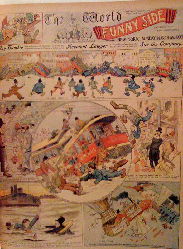 The front page of the comics section of The World, a NYC newspaper owned by Joseph Pulitzer, makes fun of lawyers persuading accident victims to sue.