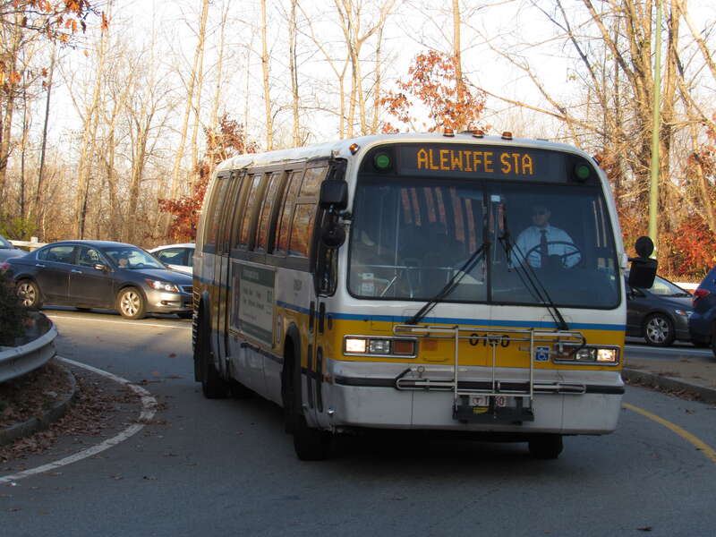 MBTA RTS #0160 operating on Red Line replacement service during scheduled track work turns into Alewife station in November 2016