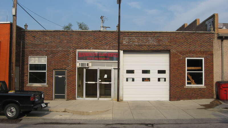 Front and southern side of the Bloomington Glass Service store, located at 210 N. Madison Street in Bloomington, Indiana, United States.  Built in 1925, it is a part of the Bloomington West Side Historic District, a historic district that is listed
