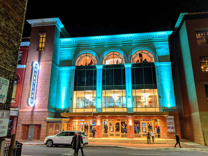The newly-built facade of the Maryland Theatre in Hagerstown, Maryland at night shortly after its reopening in late 2019.