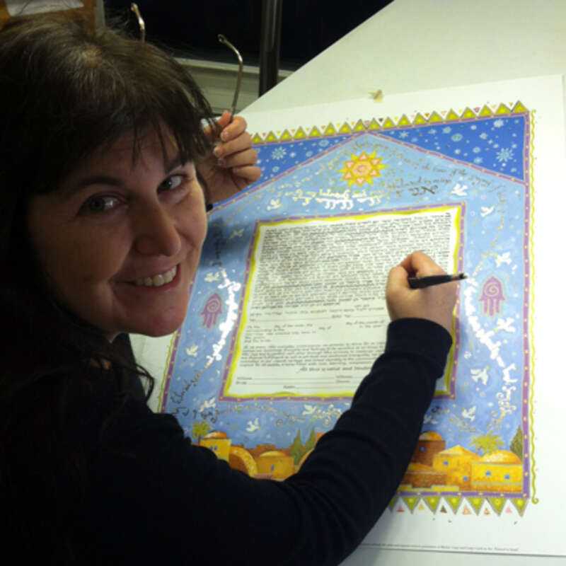Mickie Caspi, Israeli-American master calligrapher and artist filling in the Mystic Jerusalem Ketubah, Artists' Studio, December 2014
