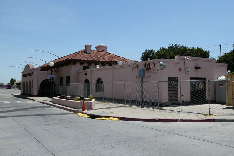 Modesto Transportation Center in May 2022. At the time, the 1915-built station building was being renovated for planned ACE service.