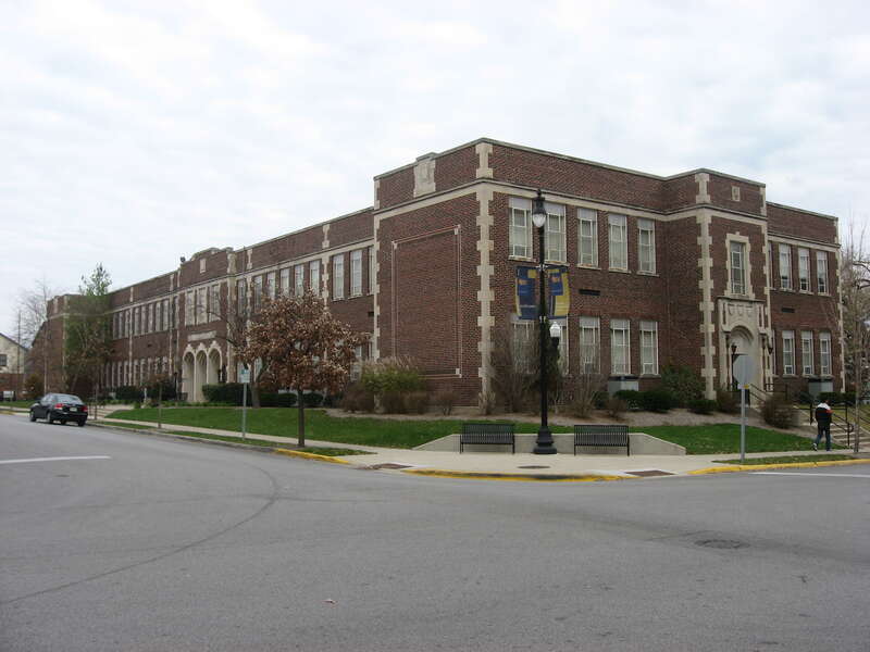 Front and southern side of the Morton School, located at 222 N. Chauncey Avenue in West Lafayette, Indiana, United States.  Built in 1930, it is listed on the National Register of Historic Places.