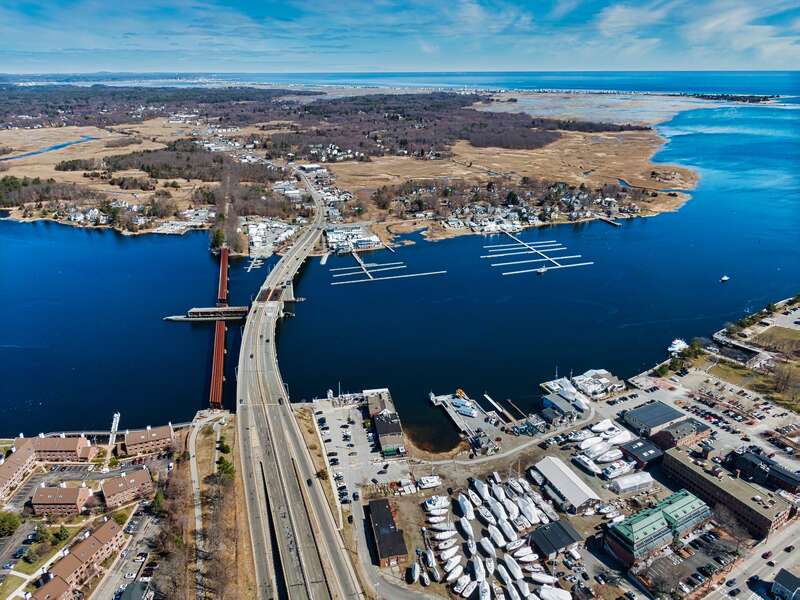 Aerial view of the mouth of the Merrimack River as it empties into the Atlantic Ocean.