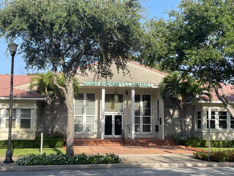 A picture of the front of the Village Hall building in the town of Miami Shores, Florida.